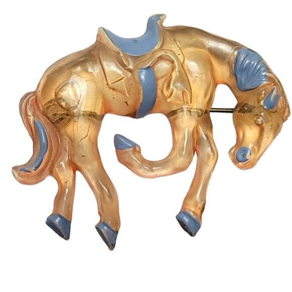 Plastic Possible Celluloid Painted Blue Horse Pin Unsigned